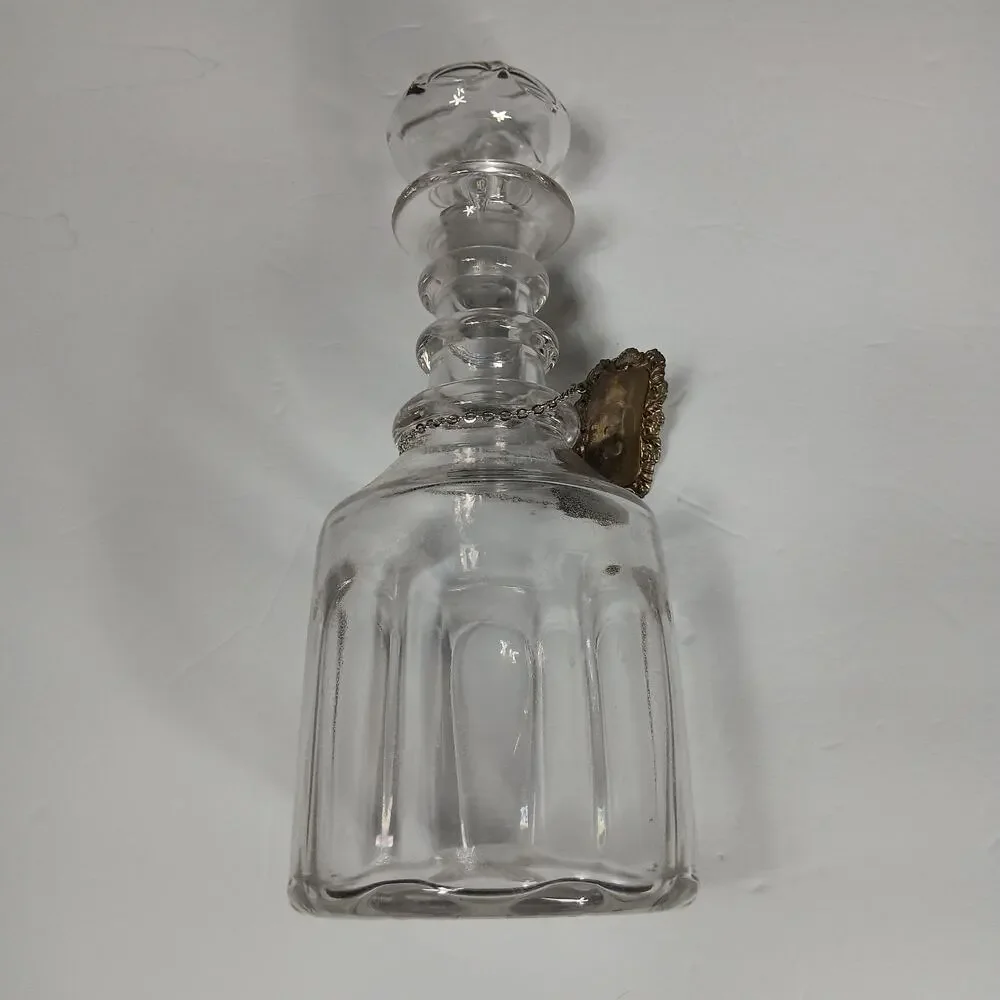 Vintage Glass Decanter Gin English Silverplate Label Tag Mushroom Stopper
